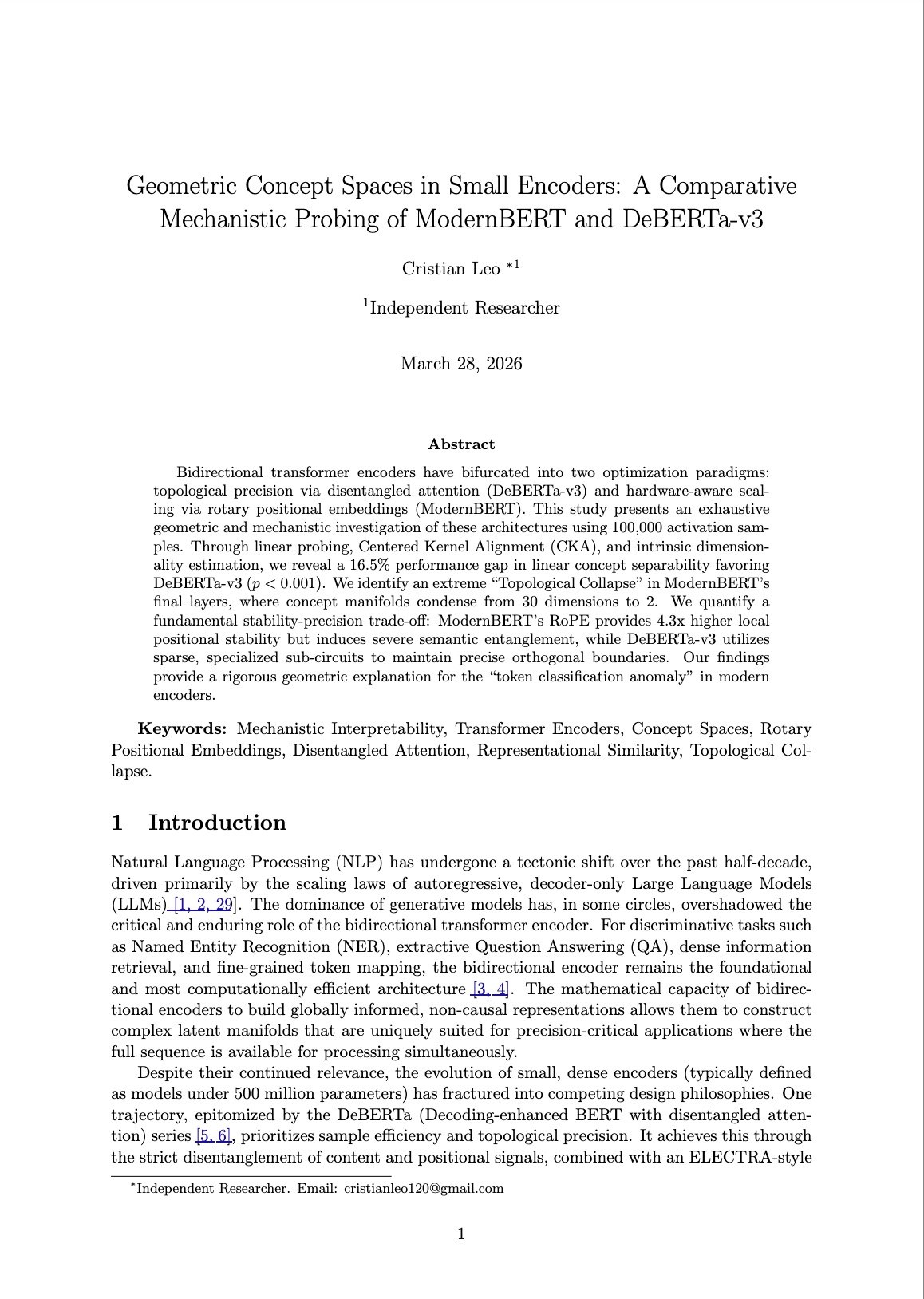 Geometric Concept Spaces in Small Encoders: A Comparative Mechanistic Probing of ModernBERT and DeBERTa-v3 first page