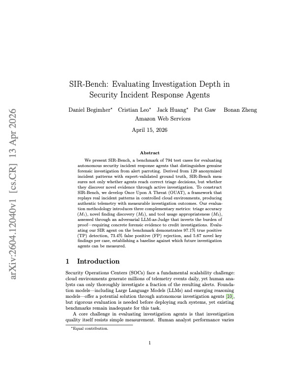 SIR-BENCH: Evaluating Investigation Depth in Security Incident Response Agents first page